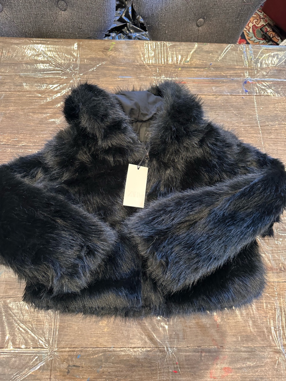 Zara Black Faux Fur Teddy Cropped Jacket